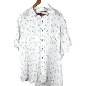 Cremieux Collection Shirt Men Button Down White Fish Print Short Sleeve  Casual